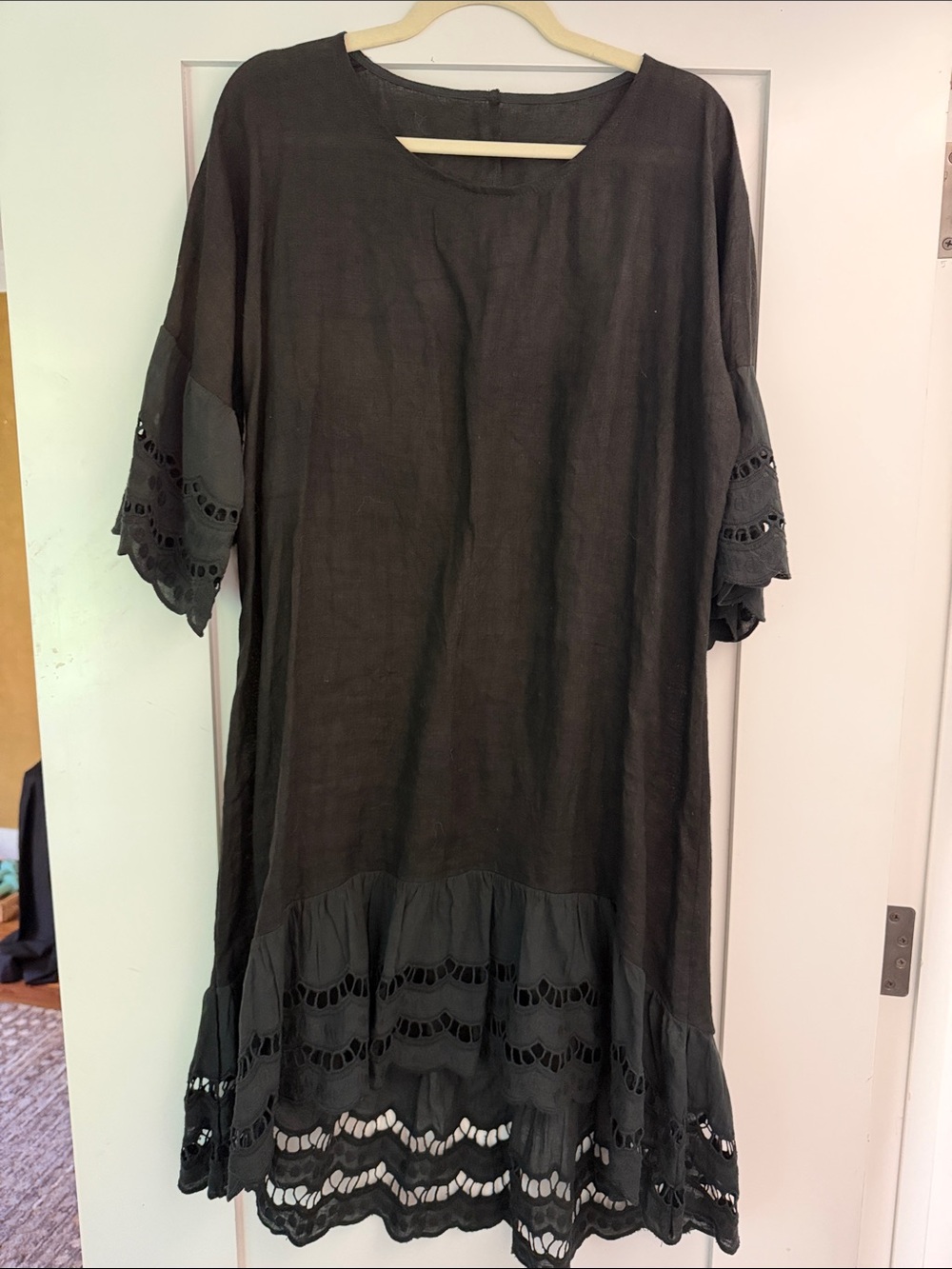 Black linen asymmetrical dress with Eyelet Hem